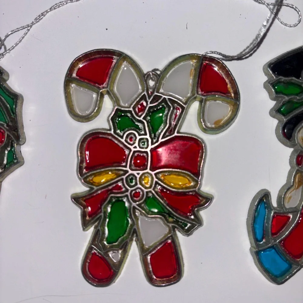 Vtg Christmas Metal Stained Glass Suncatcher Lot 6 Santa Snowman Rocking Horse